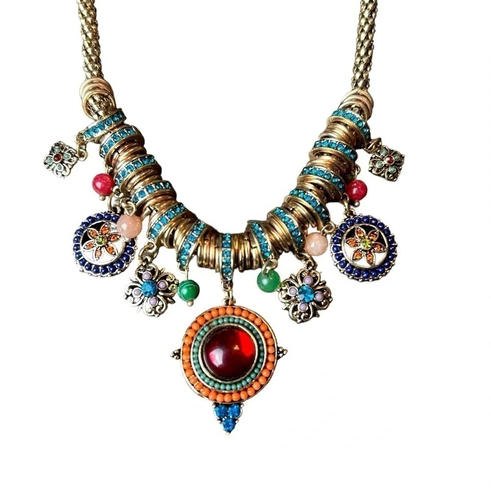 Gold Tone Necklace W/ Jewel Tone Beaded & Rhinestone Charms and Medallions - Picture 9 of 16